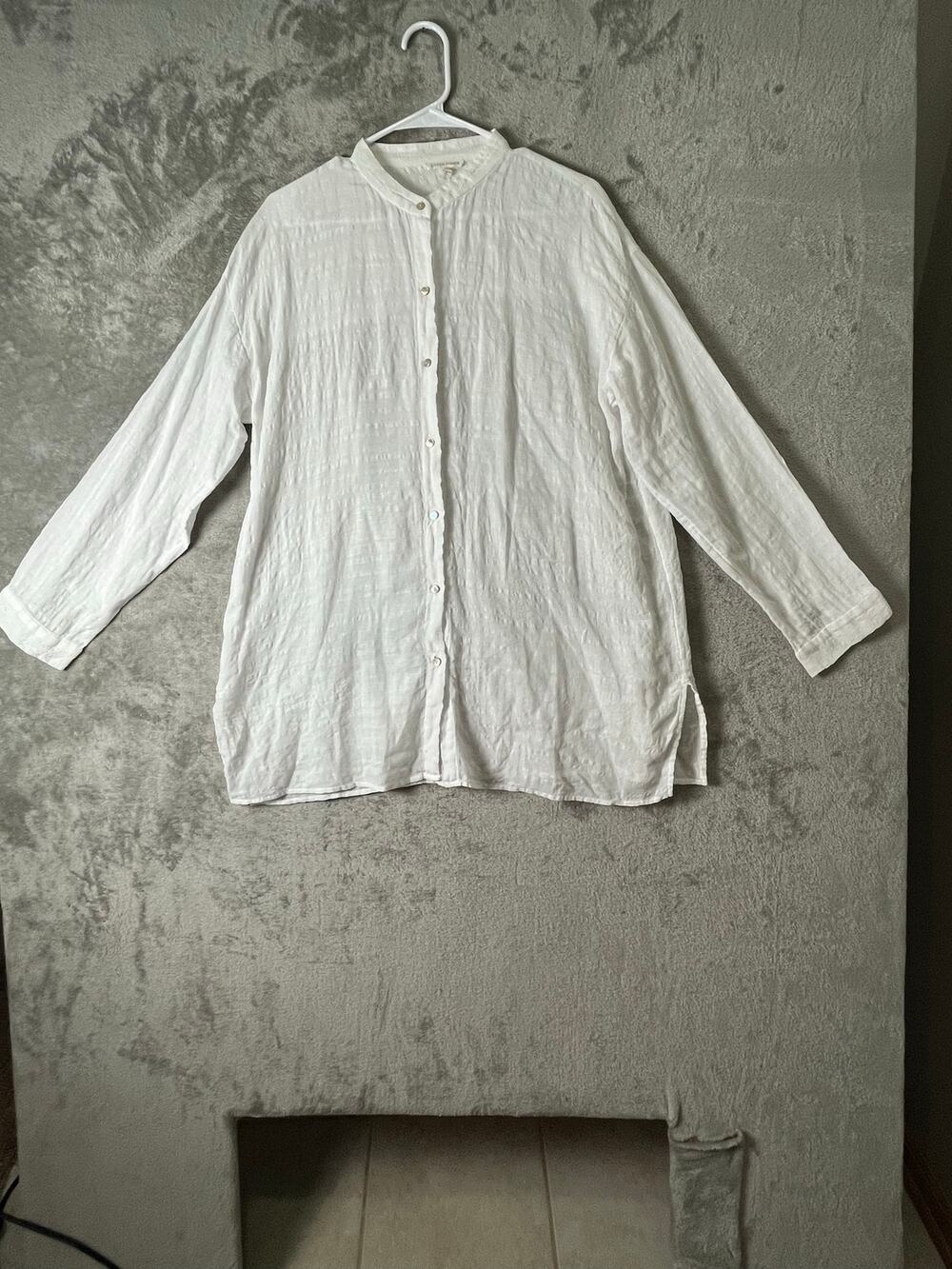 Eileen Fisher Linen Organic Cotton Sheer Check Mandarin Collar Shirt Medium